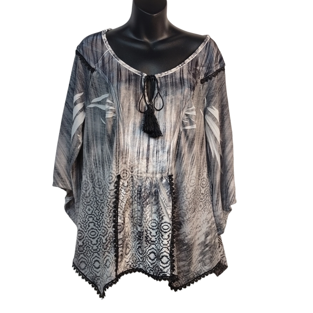 One World Women's Gray Velvet Velour Accent Tassel Tie Top Blouse Size S